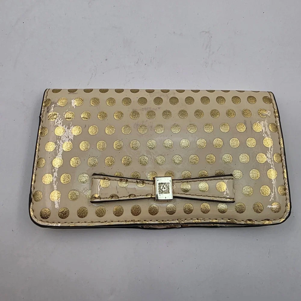 Anne Klein Cream Gold Polka Dot Patent Bow Trifold Wallet Lion Logo Hardware